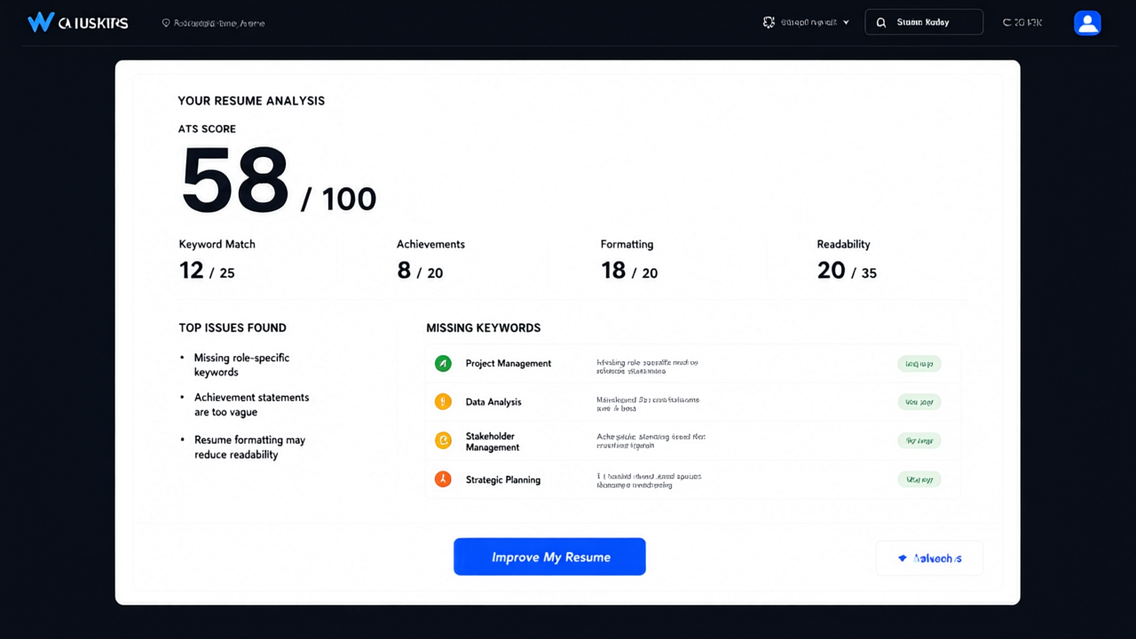 ResumeFix AI analysis report with ATS score and top issues